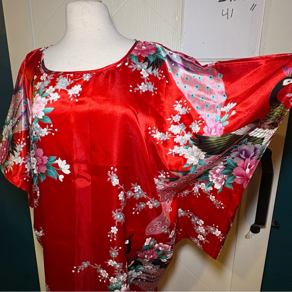 Cool Art Red Satin Kaftan Loungewear Peacock Floral Kimono Maxi Dress Boho Mumu - Picture 4 of 8